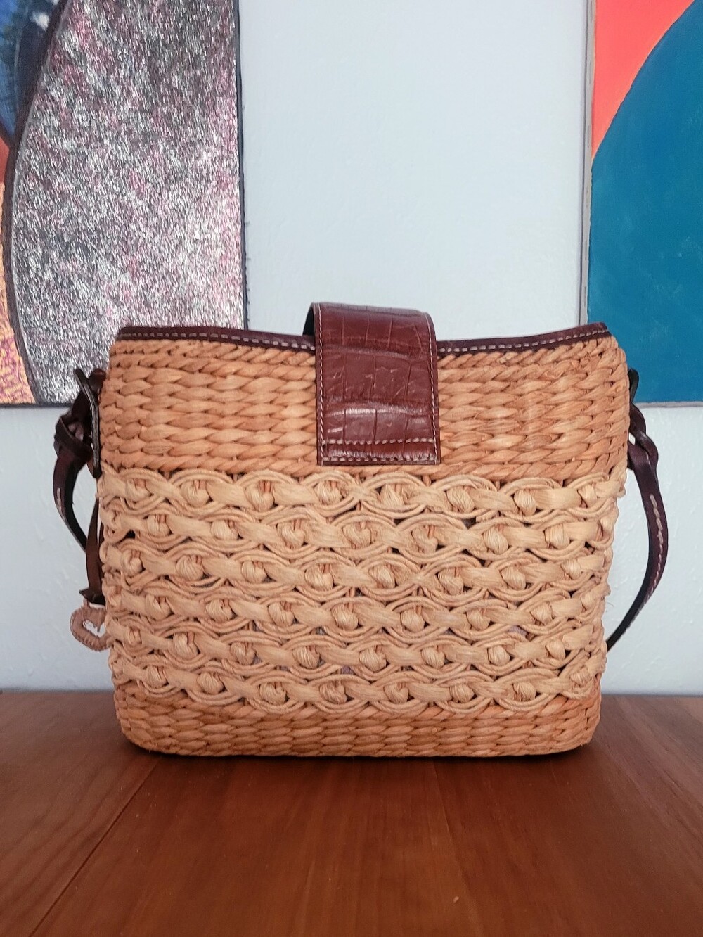 Brighton Vintage Straw Woven Shoulder Bag Brown Croc Leather W/Heart Charm - Picture 4 of 7